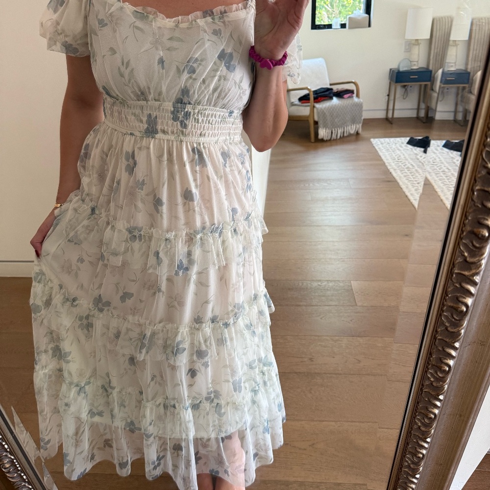 Moon River Flowy Floral Dress - White, Grey, Green Soft Floral - Baby Shower